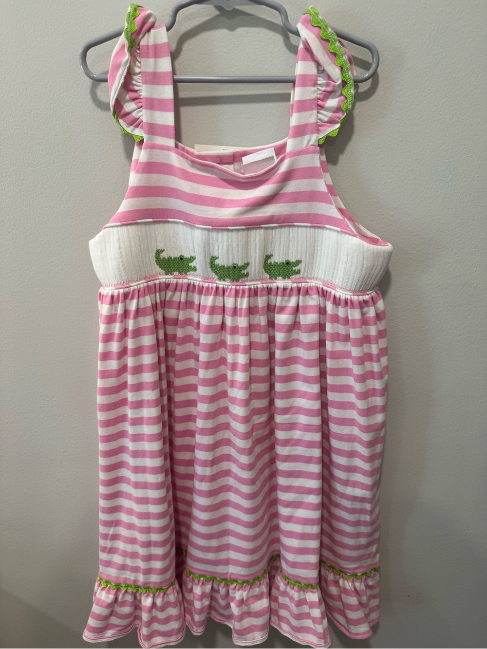 Girls' Pink & White Striped Sundress with Green Crocodile Embroidery